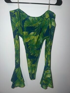 UPTOWN USA Bodysuit Flared Leggings Pants Tropical Floral Long Sleeve Set